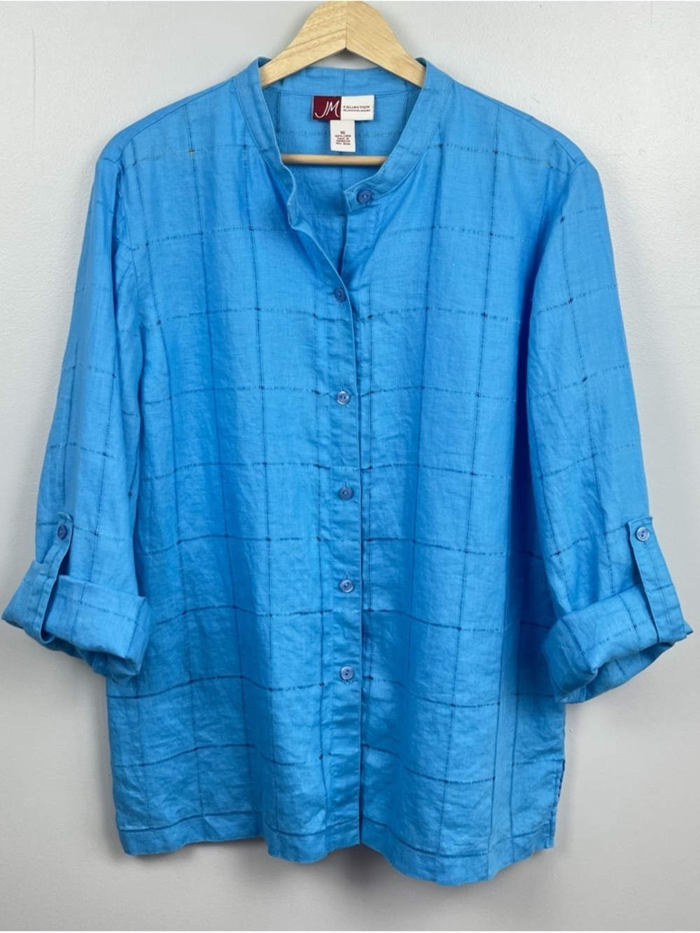 JM Collection blue 100% linen windowpane roll tab button front shirt, size 16.